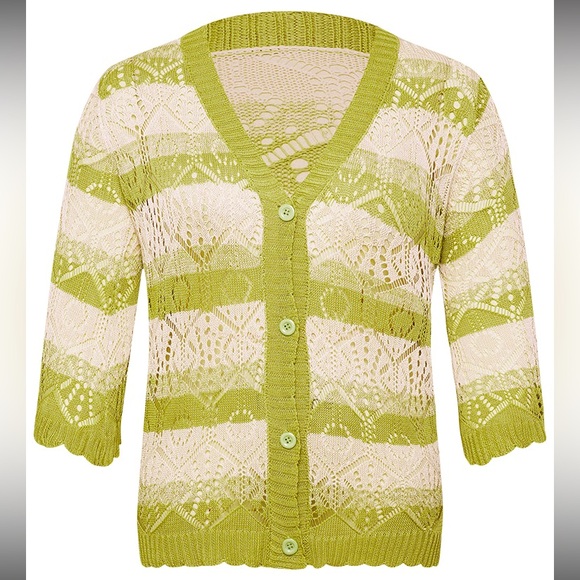 NWOT BloomChic “MEMORY” stripe pointelle cardigan sweater. Kiwi and ecru. Sz 12 - Picture 9 of 11